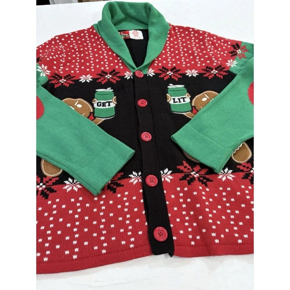 Spencer's Workshop Gingerbread Men Ugly Christmas Sweater Cardigan Get Lit Sz L